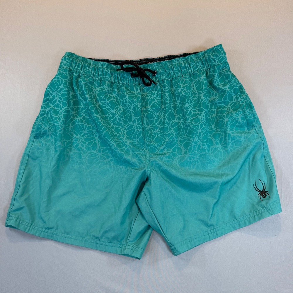 Spyder Mens Swim Trunks Teal Green Web Print Board Shorts S420J09 Size Medium